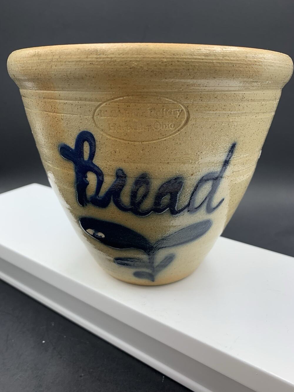 B Stebner Pottery Hartsville Ohio Blue Decorated Stoneware Crock or Jar "Bread"